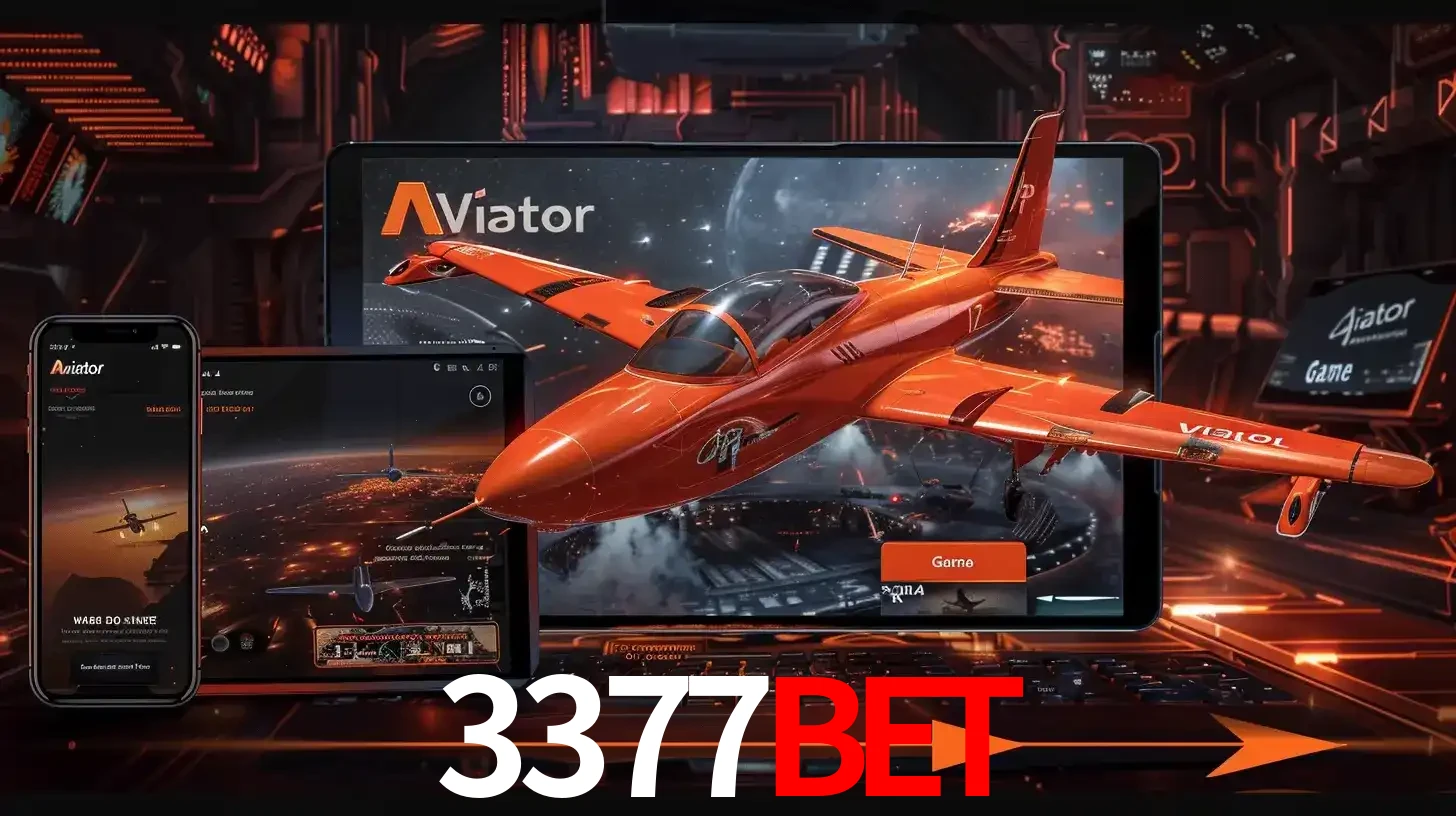 Apresentação tecnológica do jogo Aviator com um avião saindo da tela de um tablet, demonstrando a experiência imersiva em múltiplos dispositivos no 3377bet.