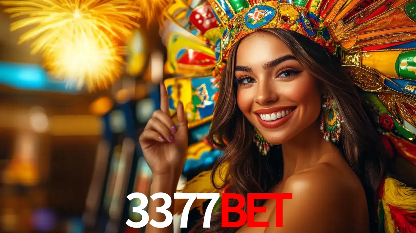Mulher sorridente com um cocar de carnaval vibrante e colorido, celebrando uma grande vitória nos jogos do cassino 3377bet com fogos de artifício ao fundo.