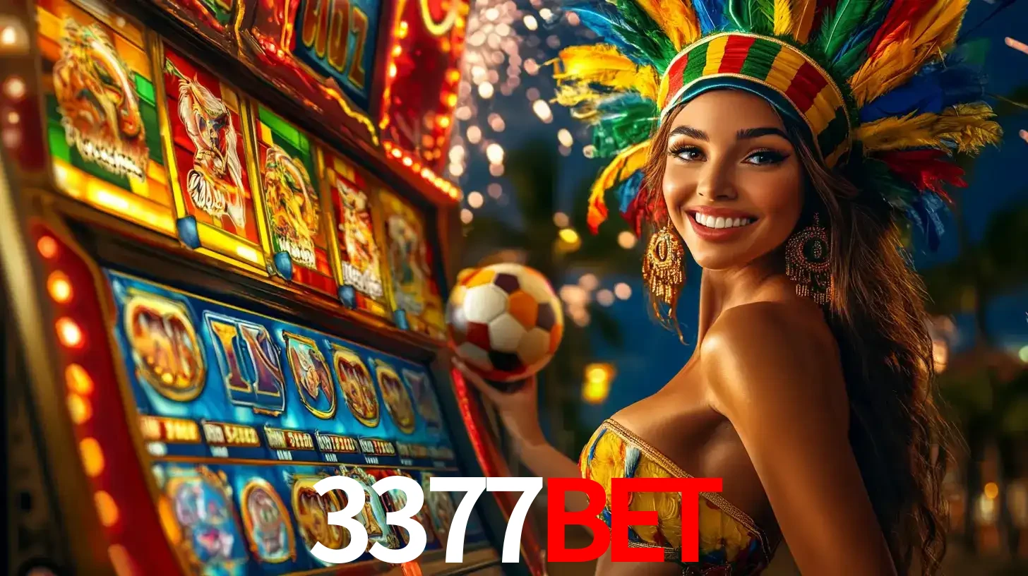 Mulher com um cocar de carnaval ao lado de uma máquina de caça-níqueis enquanto segura uma bola de futebol, mostrando a união da diversão de cassino e esportes no 3377bet.