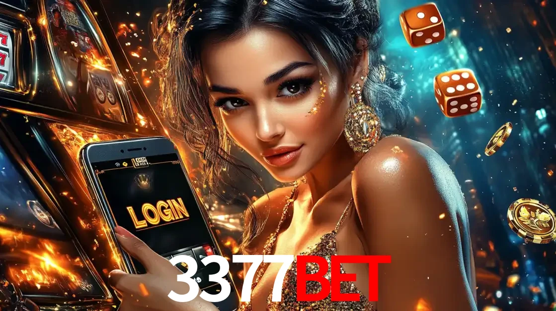 Mulher glamourosa segurando um celular com a tela de login do cassino 3377bet, rodeada por dados e moedas douradas, pronta para começar a diversão.