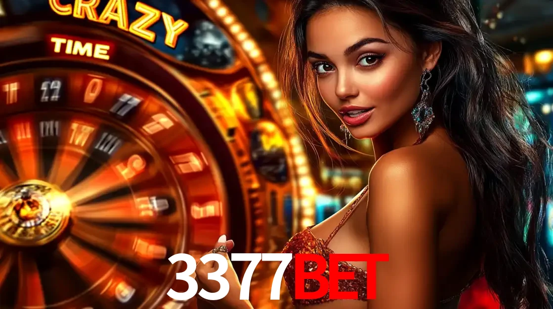 Mulher ao lado da roda de prêmios do jogo de cassino ao vivo Crazy Time, um dos shows de jogos mais emocionantes oferecidos pela plataforma de apostas 3377bet.