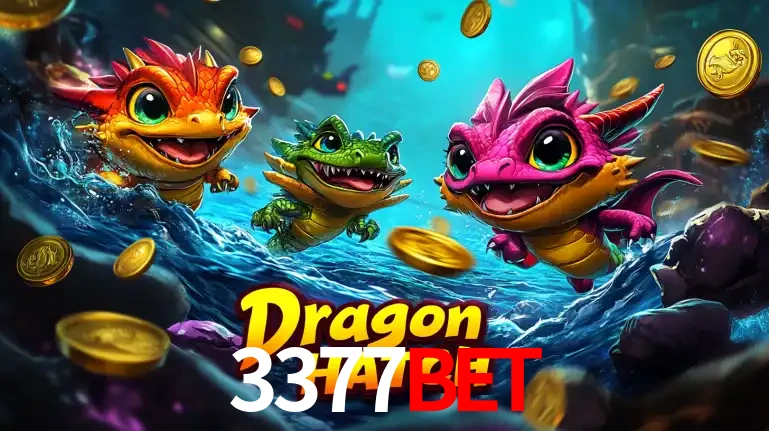 Arte promocional do jogo Dragon Hatch com três adoráveis dragões bebês nadando entre moedas de ouro, um dos slots mais divertidos para jogar no cassino 3377bet.