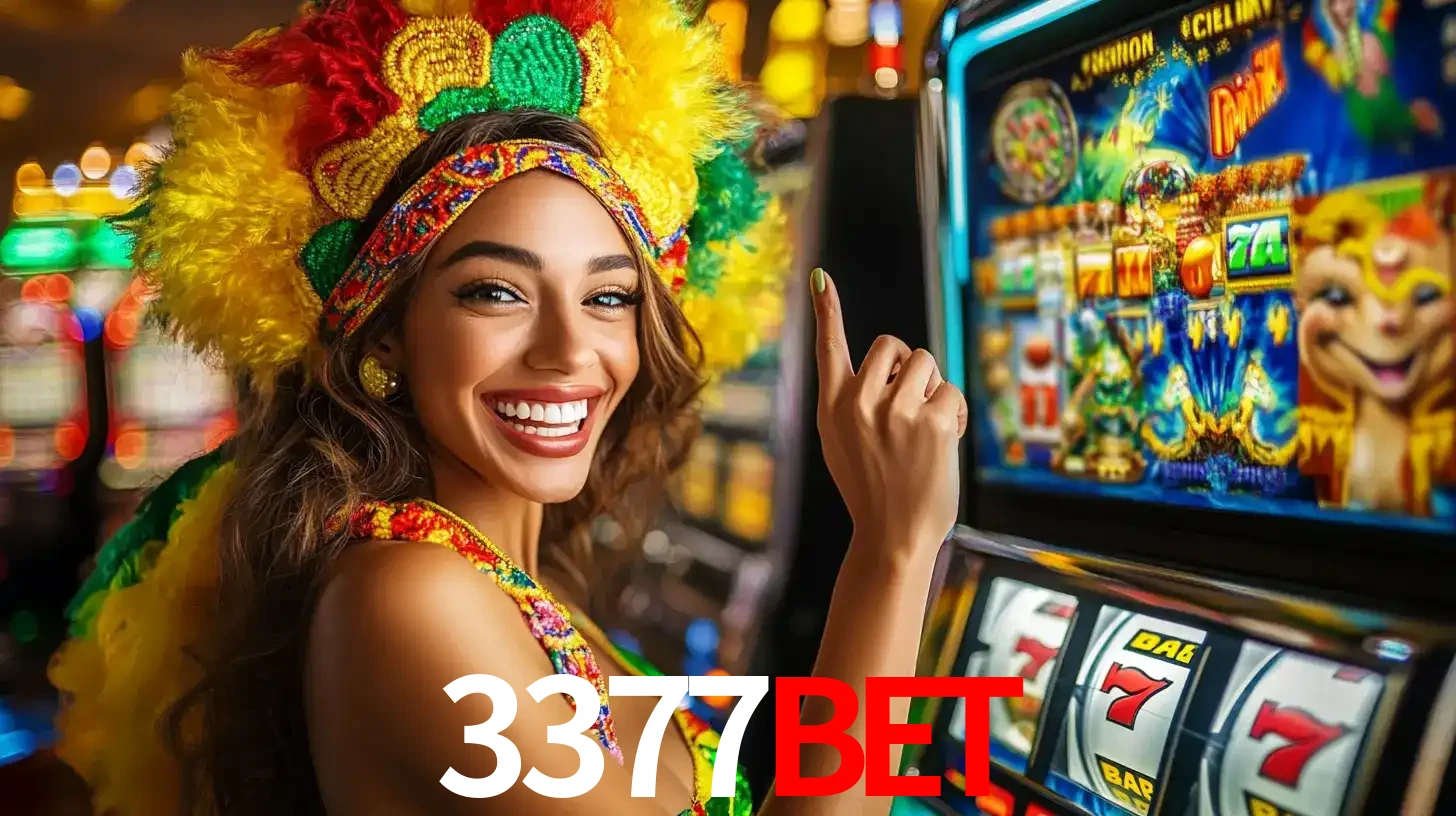 Mulher animada com um cocar de carnaval apontando para uma máquina de caça-níqueis, mostrando a emoção de ganhar um grande prêmio nos jogos do 3377bet.
