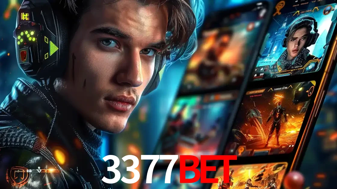 Jovem jogador com fones de ouvido olhando para a câmera, com um aplicativo de jogos e e-sports para celular ao fundo, pronto para a competição e apostas no 3377bet.