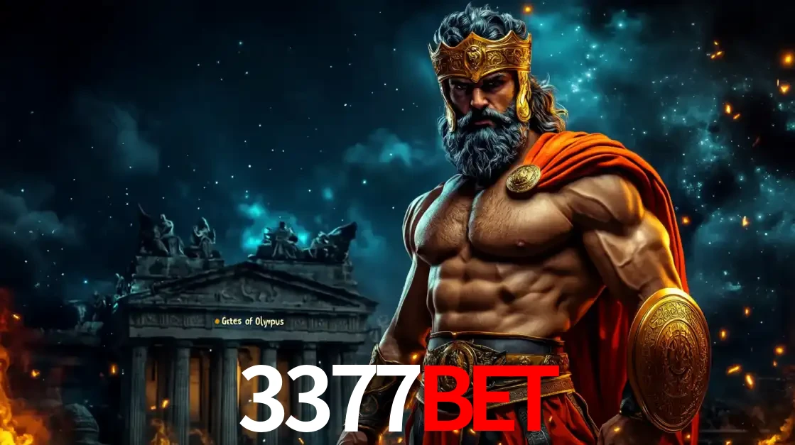 O poderoso Zeus do jogo de slot Gates of Olympus em frente ao seu templo, pronto para lançar multiplicadores divinos e prêmios épicos no cassino online 3377bet.