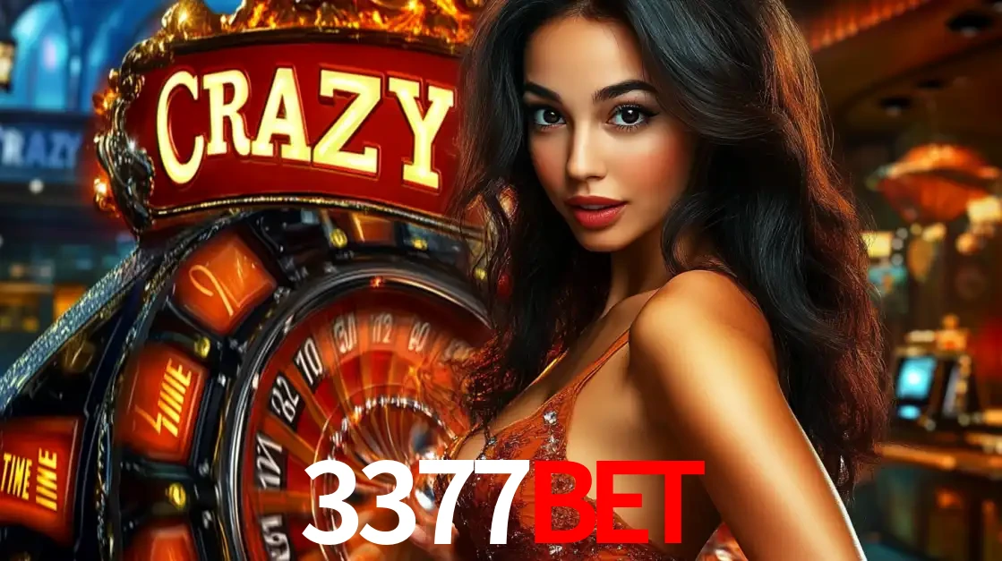 Mulher glamourosa olhando para a câmera com a roda vermelha do Crazy Time ao fundo em um ambiente de cassino, destacando a emoção dos jogos ao vivo no 3377bet.