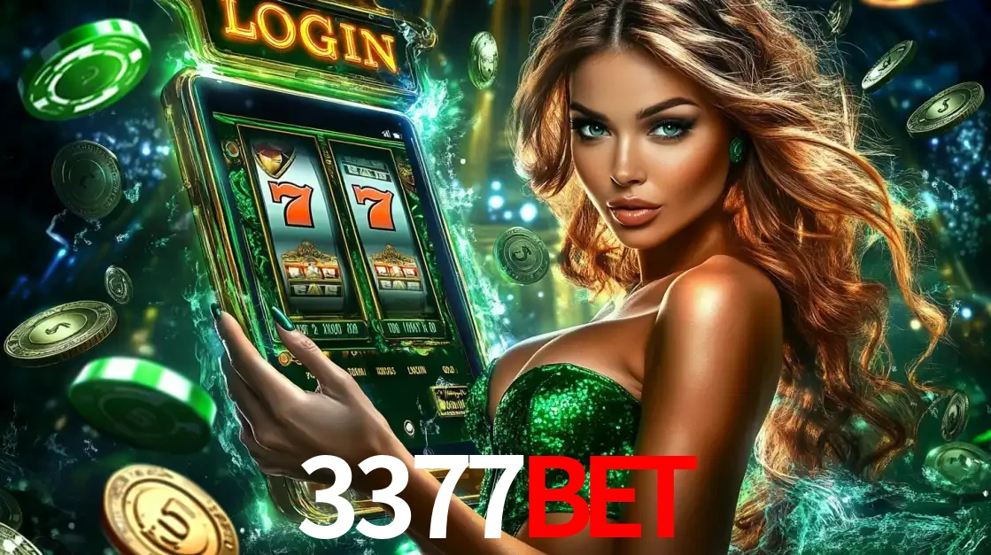 Mulher com tema verde apresentando o aplicativo do cassino 3377bet com um jogo de slot de 777, cercada por fichas de cassino e uma aura de sorte.