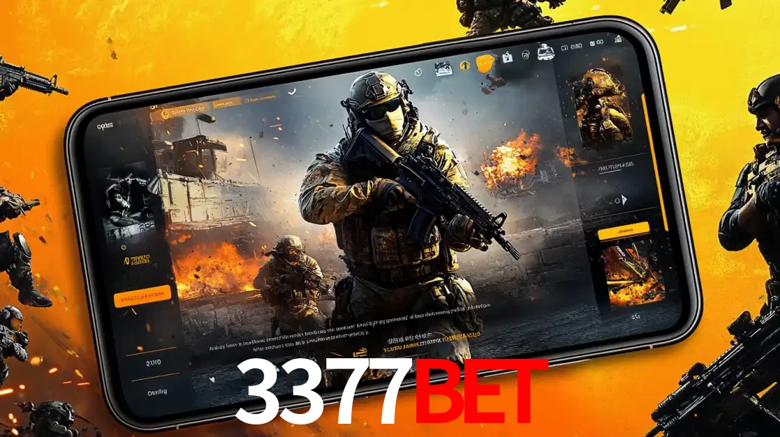 Um smartphone exibindo a interface de um jogo de tiro em primeira pessoa, com um soldado em um cenário de batalha, representando a ação dos e-sports para apostar no 3377bet.