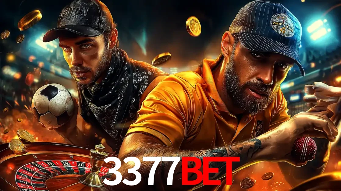 Montagem de apostas esportivas e cassino no 3377bet, com um homem segurando uma bola de futebol e outro uma de beisebol sobre uma roleta e moedas voadoras.