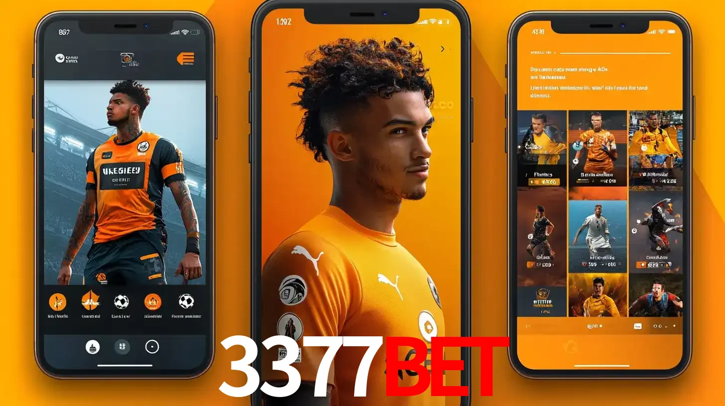 Interface do aplicativo de apostas esportivas 3377bet em três telas de celular, mostrando o perfil de um jogador de futebol e a lista de jogos disponíveis para apostar.