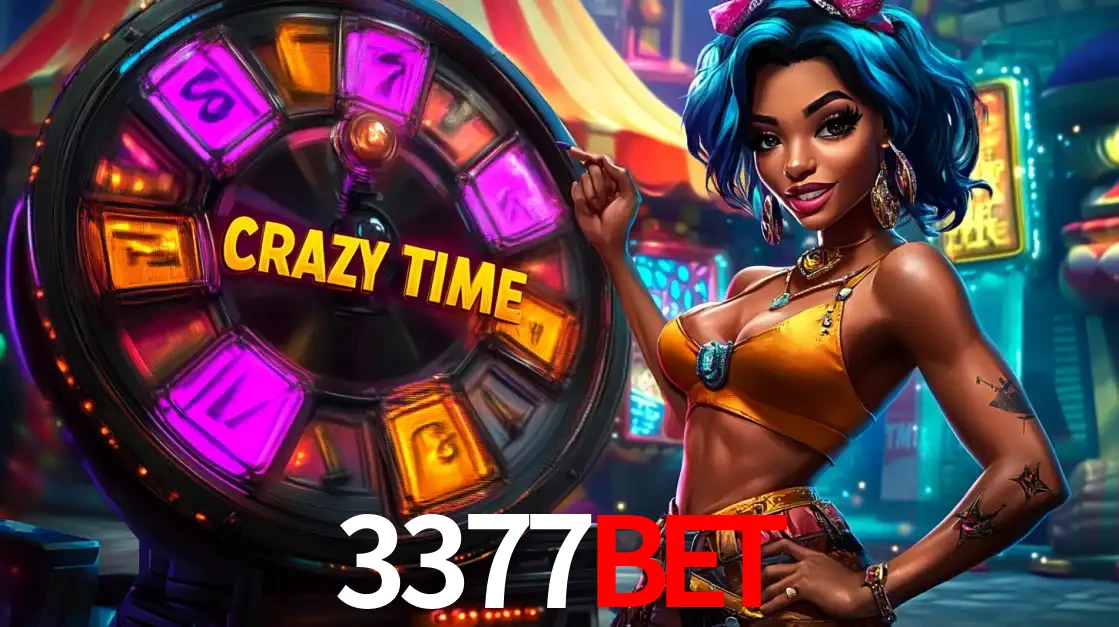 Mulher estilizada com cabelo azul e visual vibrante posando ao lado da roda de prêmios do game show Crazy Time, convidando para a diversão e os bônus do cassino 3377bet.