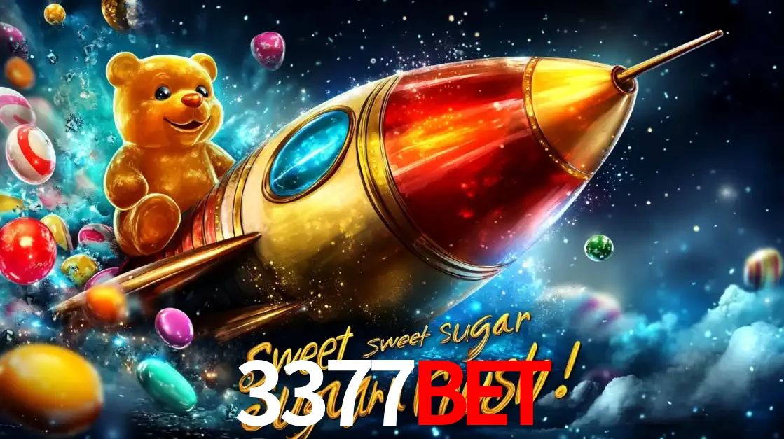 Arte promocional do jogo de slot Sugar Rush, com um urso de pelúcia em um foguete viajando pelo espaço de doces, um dos jogos divertidos disponíveis no cassino 3377bet.