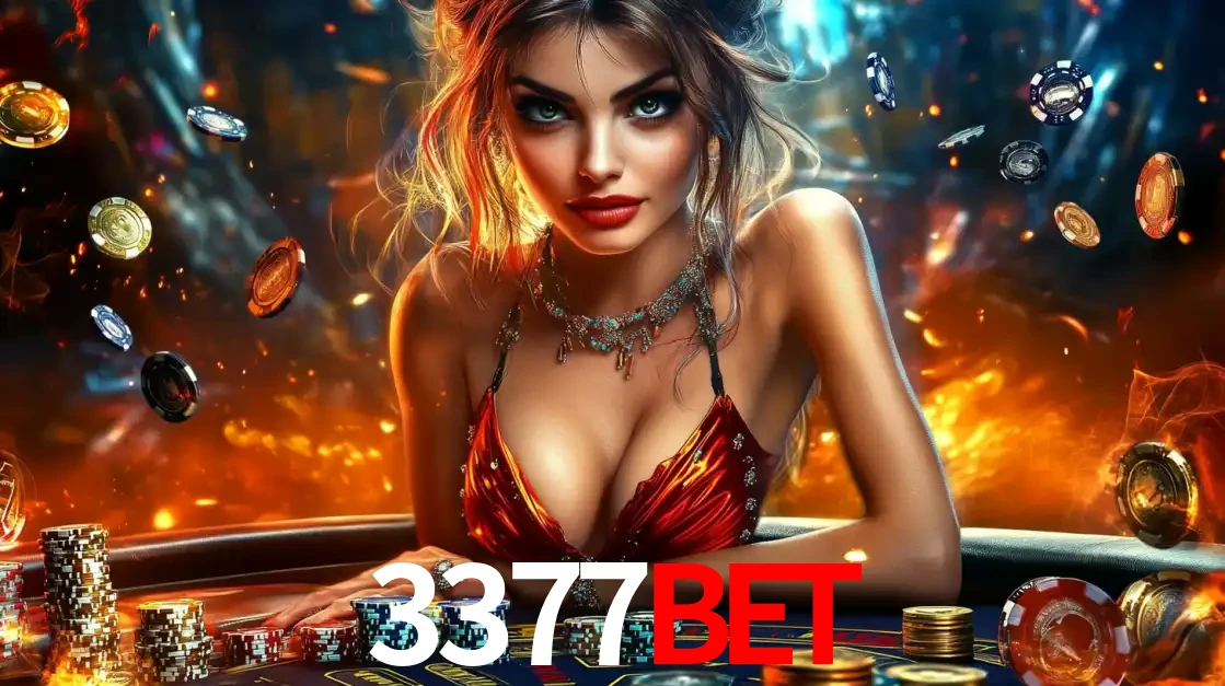 Mulher em uma mesa de cassino com pilhas de fichas e um fundo de fogo, pronta para uma rodada de altas apostas nos jogos de mesa emocionantes do cassino 3377bet.