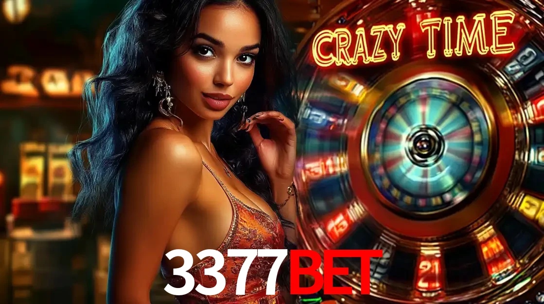 Mulher elegante ao lado da vibrante roda da fortuna do jogo de cassino ao vivo Crazy Time, um dos game shows mais populares e cheios de prêmios do 3377bet.