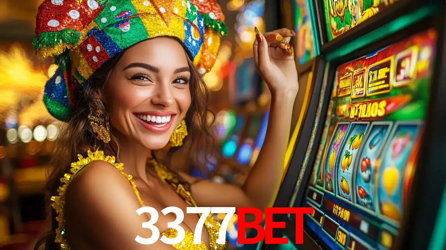 Mulher feliz com traje de carnaval amarelo e colorido ao lado de uma máquina de caça-níqueis, aproveitando a diversão e os jogos temáticos do cassino 3377bet.