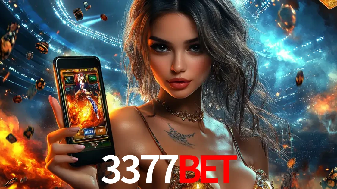 Mulher segurando um celular com um jogo de slot em destaque, tendo como fundo um estádio vibrante, simbolizando a emoção de jogar no cassino móvel 3377bet.