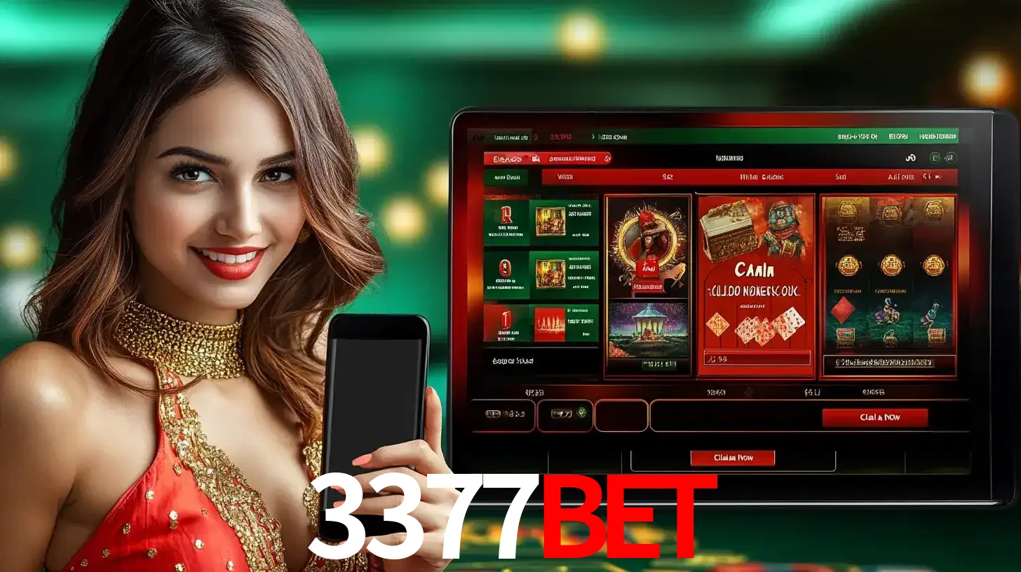 Mulher sorridente segurando um smartphone, ao lado de uma tela exibindo o lobby de jogos do cassino online 3377bet, com várias opções de jogos de cartas e slots.